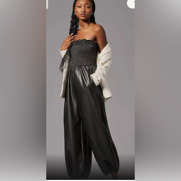Anthropologie women’s jumpsuit Faux Leather strapless Balloon black Size S NWT - Picture 2 of 6